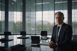 Sanierungsgeschäftsführer (CRO) prüft Sanierungskonzept im Besprechungsraum